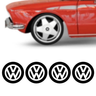 Emblema Para Calota 'VW' - Família Volkswagen - Branco / Fundo Preto / Redondo / Resinado / Jogo Com Quatro Unidades / 48MM