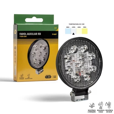 Farol De Milha Redondo LED - 9 Leds / Slim / Bivolt (12v 24v) / 6000K