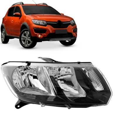 Farol - Renault Sandero (Stepway / GT Line) 2015/2019 - H1 e H7 / Foco Duplo / Máscara Negra / Lado Direito