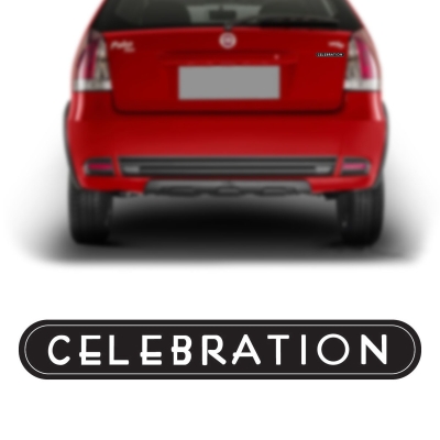 Emblema 'CELEBRATION' - Fiat Palio 2007/2016 / Siena 2007/2012 / Uno 2007/2013 - Branco / Fundo Preto / Resinado