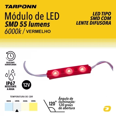 Módulo De Led Tarponn 3 SMD 55 Lumens IP67 - Na Cor Vermelho - (1 Módulo Com 3 Leds).