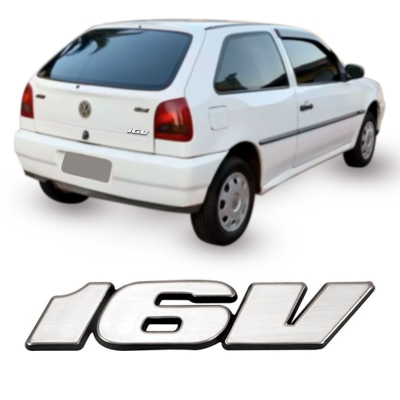 Emblema '16V' - Família Volkswagen 1996/1997 - Cinza Escovado / Fundo Preto