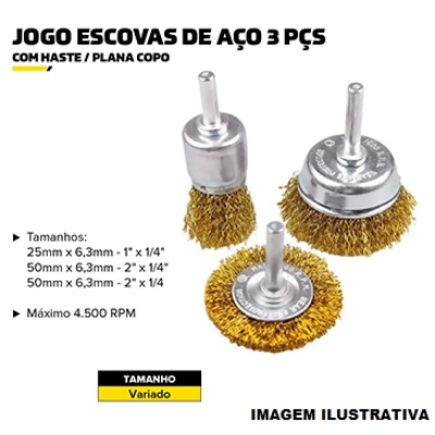 Escova De Aço 3 Peças 1 Plana e 2 Copo 25 - 50 MM C