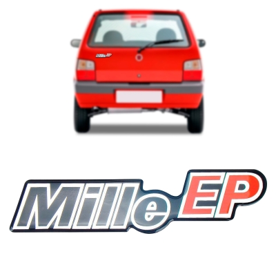 Emblema 'Mille EP' - Fiat Uno Mille EP (Todos) - Cromado / Vermelho / Fundo Preto / Resinado