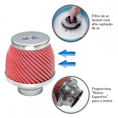 Filtro De Ar Esportivo Cônico - Sneeze Baixo - Vermelho E Metal Cromado - Modelo Jet - 62/72mm - (Entrada Mono Fluxo).