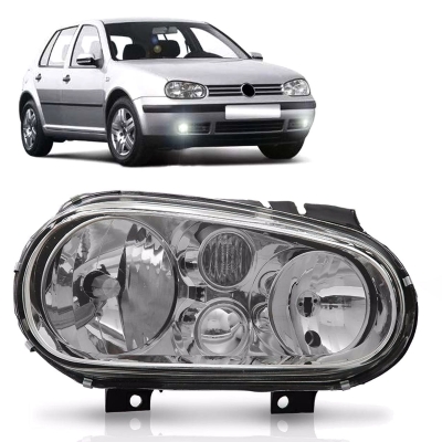 Farol - Volkswagen Golf 1999/2006 - H1 e H7 / Foco Duplo / Sem Motor De Regulagem / Cromado / Lado Esquerdo