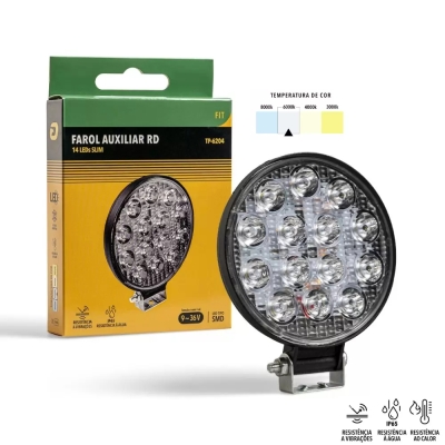 Farol De Milha Redondo LED - 14 Leds / Slim / Bivolt (12v 24v) / 6000K