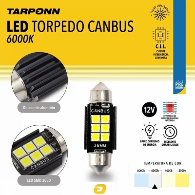 Lâmpada Led 6411 Torpedo Canbus Premium 36MM - 12V 6000K - Unidade.