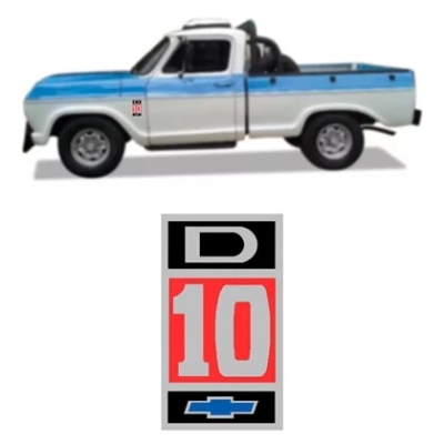 Emblema 'D10' - Chevrolet D10 1979/1985 - Vermelho / Preto / Fundo Prata / Gravata Azul / Lateral / Adesivo