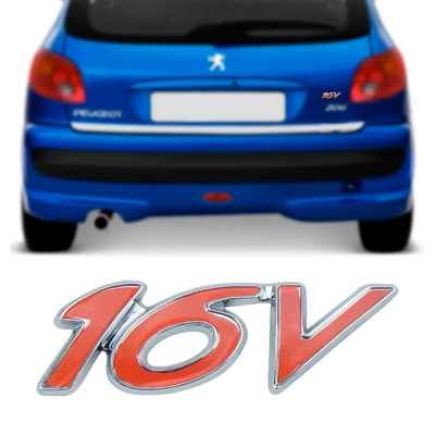 Emblema '16V' - Peugeot 206 1998/2003 - Vermelho / Borda Cromada