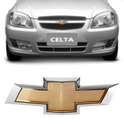 Emblema 'Logo Chevrolet' - Chevrolet Celta 2012/2016 - Dourado / Fundo Cromado / Grade Do Radiador