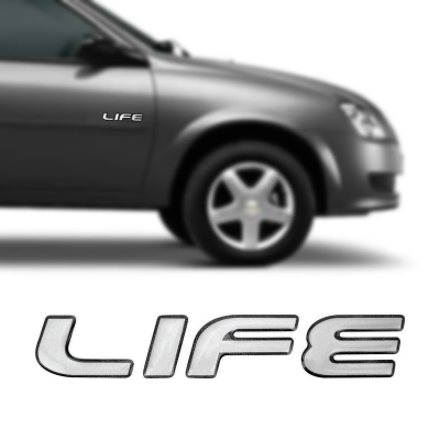 Emblema 'LIFE' - Chevrolet Corsa Life 2007/2009 / Celta Life 2007/2013 - Prata / Contorno Preto / Resinado