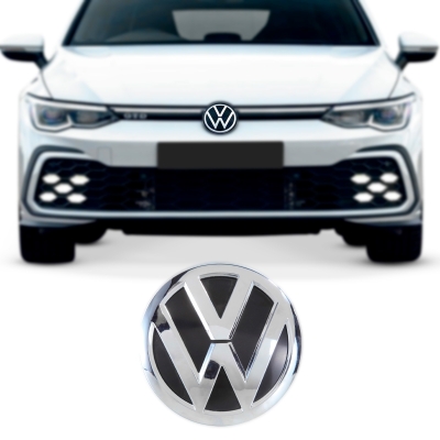 Emblema 'Logo Volkswagen' - Volkswagen Golf 2018/2021 / Jetta 2019/2022 / Passat 2016/2021 / Polo / Virtus 2018/2022 / Tcross 2019/2021 - Cromado / Fundo Preto / Grade Do Radiador