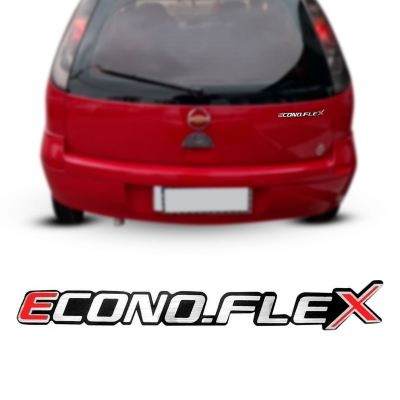 Emblema 'ECONO-FLEX' - Chevrolet Corsa Sedan 2008/2012 / Montana 2008/2010 - Prata Escovado / 'E' e 'X' Vermelho / Adesivo