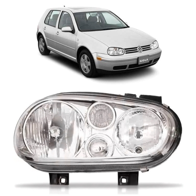 Farol - Volkswagen Golf 1999/2006 - H1 e H7 / Máscara Cromada / Sem Auxiliar / Lado Direito