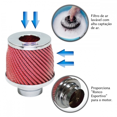 Filtro De Ar Esportivo Cônico - Sneeze Baixo - Vermelho E Metal Cromado - Modelo Mirage 62/72mm - (Entrada Duplo Fluxo).