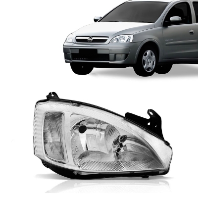 Farol - Chevrolet Corsa (Hatch e Sedan) 2005/2012 / Montana 2004/2007 - H1 e H7 / Foco Duplo / Máscara Cromada / Pisca Raiado / Lado Direito