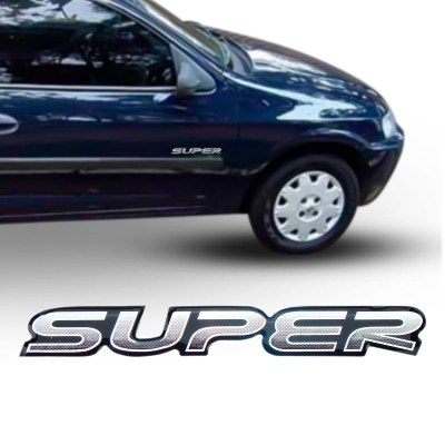 Emblema 'SUPER' - Chevrolet Celta 2001/2004 - Prata / Fundo Preto / Resinado